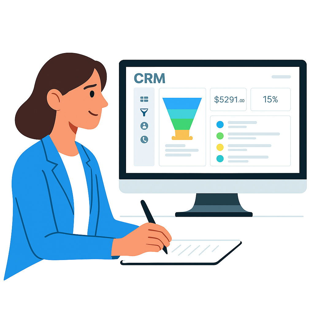 Coach standing beside CRM dashboard illustration representing coaching automation and client management.